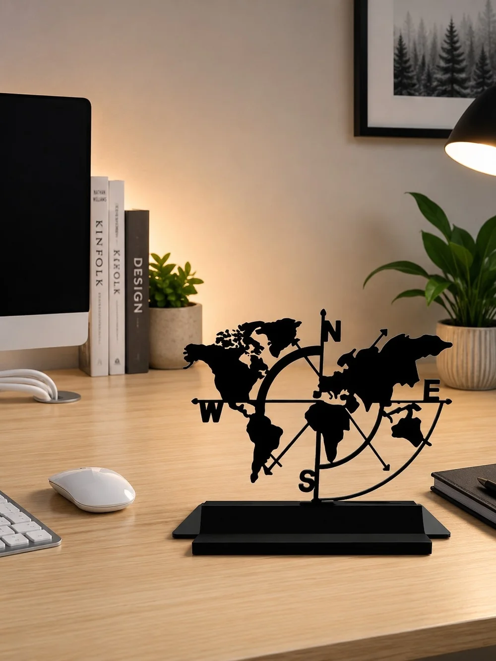 Black Metal World Map Desk Ornament with Compass